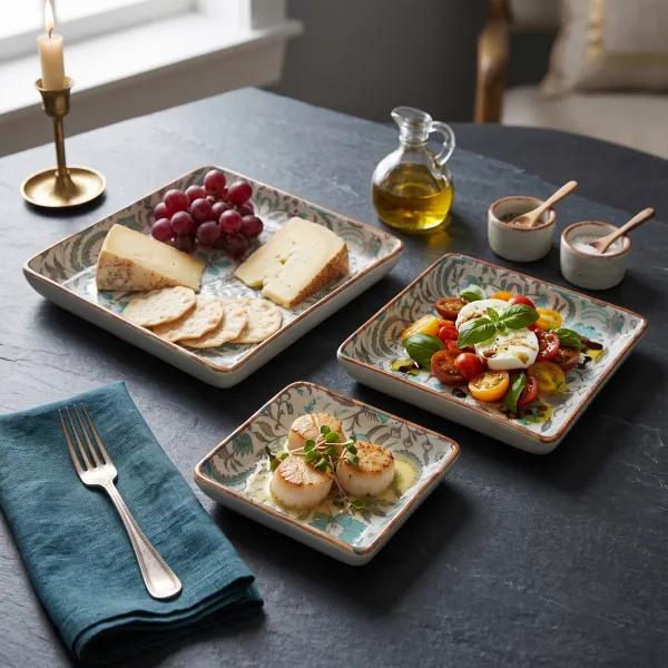 "Gardenia" Ceramic Square Platter Set (Nesting Trio)