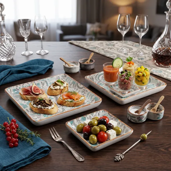 "Gardenia" Ceramic Square Platter Set (Nesting Trio) hover