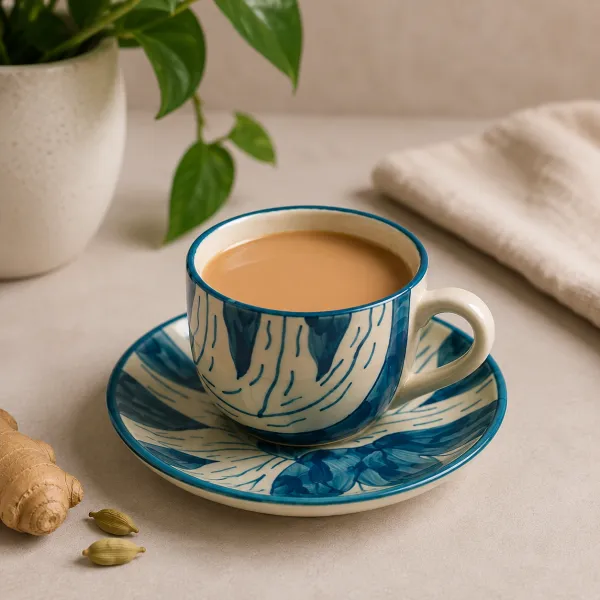"Azure Bloom" Hand-Painted Teacup & Saucer Set