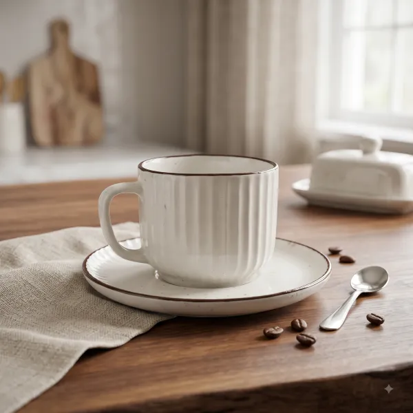 "Ivory Fleck" Fluted Teacup & Saucer Set hover